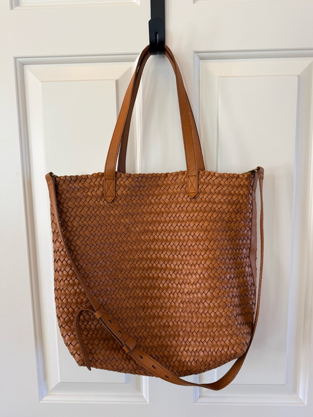 Madewell Woven Leather Transport Crossbody Tote Bag in Cognac Brown